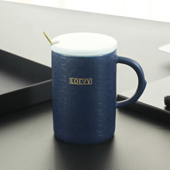 贝瑟斯 杯子陶瓷咖啡杯子带盖带勺马克杯喝水杯办公室商务杯子男牛奶杯会议杯 蓝色浮雕