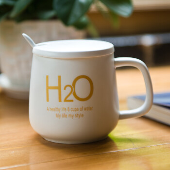 瓷魂 创意陶瓷杯子情侣水杯咖啡杯带盖带勺马克杯牛奶杯 H2O白色