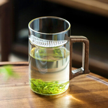 泥也喝绿茶杯月牙玻璃木柄泡茶杯耐高温防烫手带过滤大容量家用办公杯