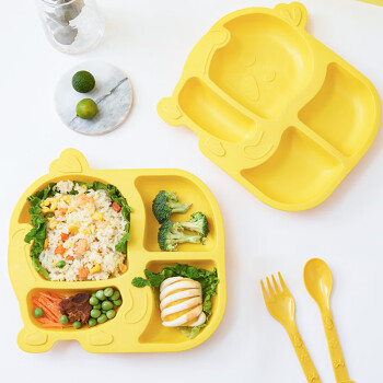 Edo儿童餐盘4格分格餐盘小黄鸭卡通盘+叉子+勺子 儿童餐具3件套饭盘