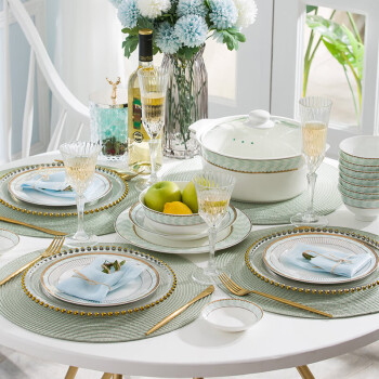洛威陶瓷碗餐具套装 家用陶瓷高脚防烫碗4.5寸金边蓝色几何56头蓝蔚