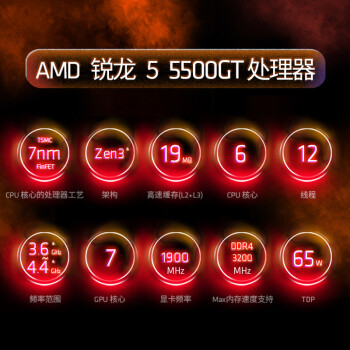 AMD 锐龙5 5500GT处理器(r5) 6核12线程 加速频率至高4.4GHz 含Radeon Graphics集显