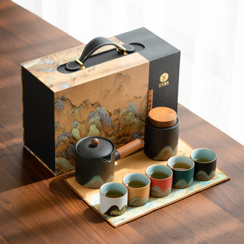 苏氏陶瓷（SUSHI CERAMICS）手绘釉画彩千里江山茶具套装礼盒侧把壶五色杯文创伴手礼