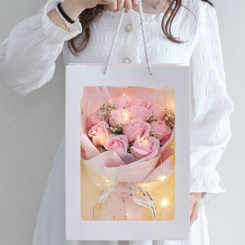 初卓七夕情人节生日礼物送女友老婆玫瑰香皂花11朵粉色香皂花+提袋+灯