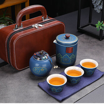 贝洛可 鎏金堆花快客茶具-收纳包(霁蓝) 茶具套装 户外便携式茶具