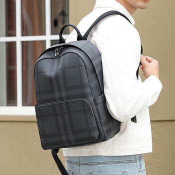 POLO 双肩包男士背包男大学生书包14英寸电脑包旅行通勤商务包 格纹黑