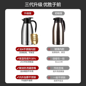 美厨（maxcook）保温壶 304不锈钢真空热水壶保温瓶暖壶开水瓶2.0L本色MCB390