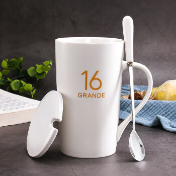 贝瑟斯 陶瓷大容量水杯马克杯简约情侣杯带盖勺咖啡杯白色16oz550ml
