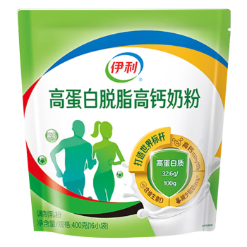伊利高蛋白脱脂高钙奶粉400g 0蔗糖 脱脂不脱味 全家奶粉 25g*16条
