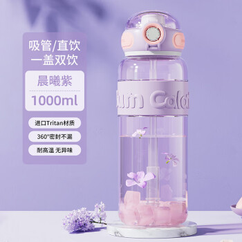 JEKO&JEKO运动水杯女夏季吸管杯大容量Tritan户外健身塑料水壶1000mL晨曦紫