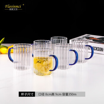 弗莱文茨带把玻璃杯透明水杯玻璃杯耐热水泡茶杯 6只内条纹高硼蓝色