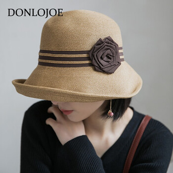 donlojoe草编帽子女2022春季新款韩版百搭海边沙滩出游帽子卷边大檐