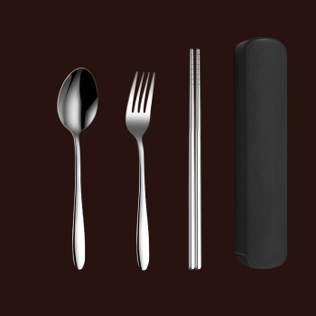 小月丫410不锈钢筷子勺子套装 便携餐具套装可定logo 黑盒三件套