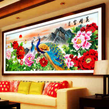 
                                        皇室至尊蒙娜丽莎十字绣100精准印花新款花开富贵孔雀图客厅大画牡丹花3D系列大幅 11CT大版丝线印花2*0.75米3股线绣                