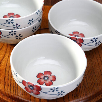 
                                        山田烧米饭碗 陶瓷碗套装(5英寸)釉下彩汤碗日式护边碗(4只装) 瑞雪红                