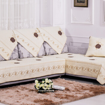 
                                        米悦家纺 厂家直销 芙蓉花开简约现代亚麻绣花沙发垫 组合沙发坐垫 沙发罩 沙发套 全盖 米色 110x110cm                