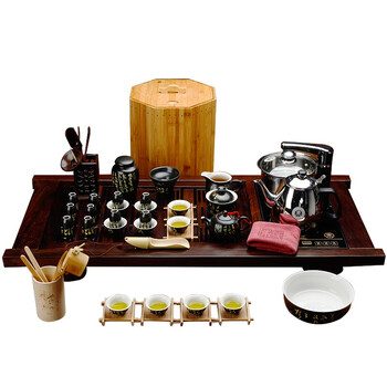 束氏青花瓷陶瓷茶具套装 黑檀整套茶具功夫茶具套装茶壶四合一电磁炉 黑檀平板黑釉唐诗 003644