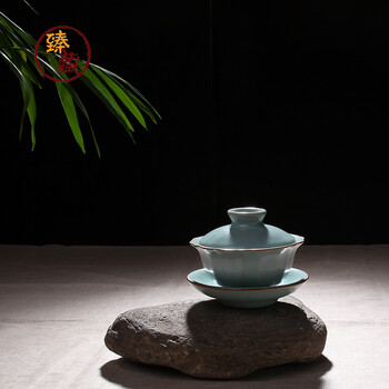 
                                        臻藏 正品汝窑盖碗茶具 青瓷莲花三才盖碗茶杯可养开片汝瓷泡茶壶 陶瓷功夫茶具茶碗                