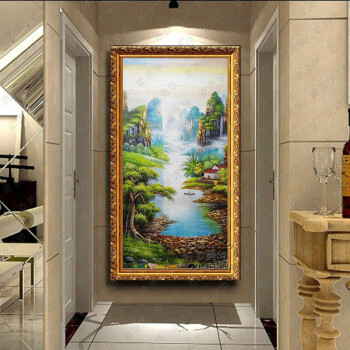 
                                        欧美华手绘油画中式山水风景聚宝盆 有框画 客厅卧室玄关办公室书房装饰壁画风水画 25号贴金箔框9厘米 90*170厘米                