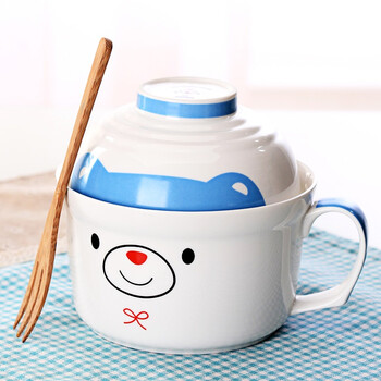 
                                        瓷魂 景德镇韩式卡通陶瓷泡面带盖碗泡面杯餐具套装 微波炉适用 蓝色蝴蝶结熊                