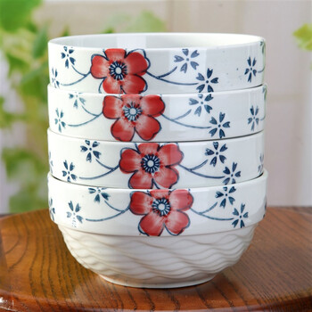 
                                        山田烧米饭碗 陶瓷碗套装(5英寸)釉下彩汤碗日式护边碗(4只装) 瑞雪红                