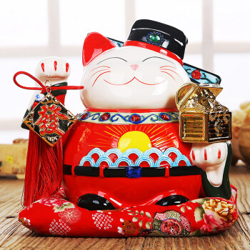 七陶 招财猫摆件 大号陶瓷存钱储蓄罐 店铺开业创意礼品 11寸前程似锦--实木底座