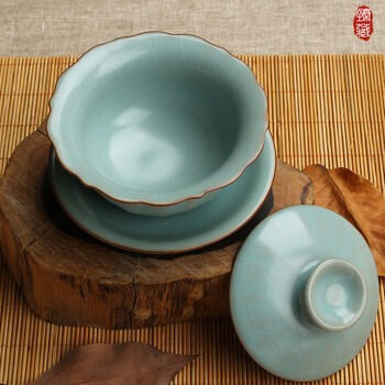 
                                        臻藏 正品汝窑盖碗茶具 青瓷莲花三才盖碗茶杯可养开片汝瓷泡茶壶 陶瓷功夫茶具茶碗                