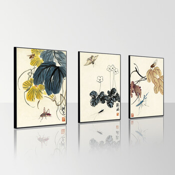 
                                        格丽名家名画 齐白石国画装饰字画原版艺术喷绘画 植物壁画中式田园风格客厅装饰画挂画有框画 三联组合 70*90cm                