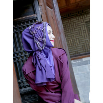 穆斯林头巾女款珍珠蝴蝶结纯色系带纱巾回族盖头 紫色