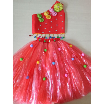 儿童演出服装塑料袋手工制作衣服时装走秀亲子装公主裙 红色分体 100
