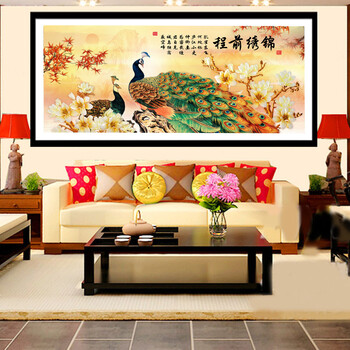 尚世纪钻石画十字绣3d客厅大画5D钻石绣花开富贵十字绣横版孔雀 钻石画 满钻2*1米