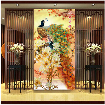 
                                        青藤紫萱 竖版新款玄关走廊大画  花开富贵孔雀玉兰花3D 印花十字绣 9CT棉线大版106*200cm满绣                
