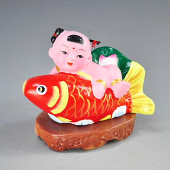 天津泥人张彩塑 莲年有余 泥人摆件 娃娃抱鱼吉祥礼品