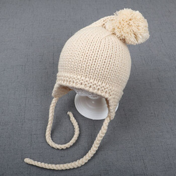 韩版手工针织套头帽宝宝0-2岁系绳毛线帽子男女护耳保暖帽子 毛球米色