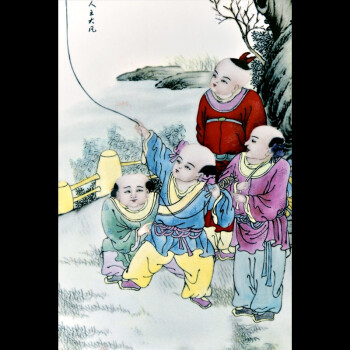 迪胜 景德镇陶瓷粉彩仿古瓷板画五子登科 中式装饰画客厅走廊壁画 仿古实木框红木色