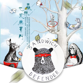
                                        INMINDHOUSE 森林七兄弟动漫创意甜品盘 西餐盘水果盘 骨瓷餐具摆件 大笨熊8寸甜品盘                