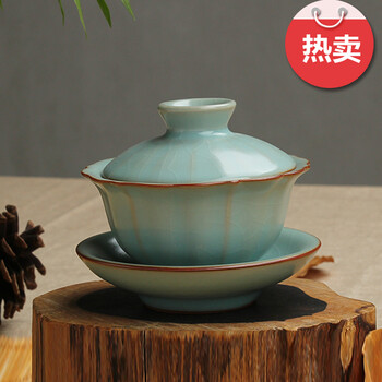 
                                        臻藏 正品汝窑盖碗茶具 青瓷莲花三才盖碗茶杯可养开片汝瓷泡茶壶 陶瓷功夫茶具茶碗                