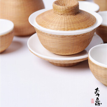 本意 · 刘氏竹编 八头素编白瓷简约盖碗 创意手工竹丝扣瓷茶壶茶杯公道杯 瓷胎竹编茶具套装 本色竹丝