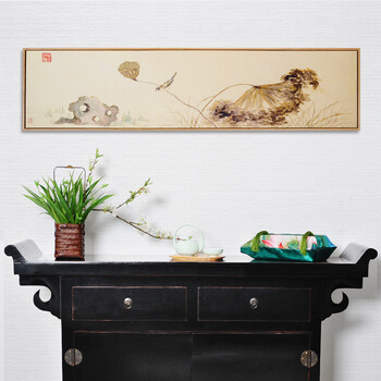 吉祥家 新中式水墨莲蓬荷叶横幅挂画 浮莲清 客厅室内装饰画壁挂 书房软装品饰有框画玄关 挂画浮莲清 133*33cm