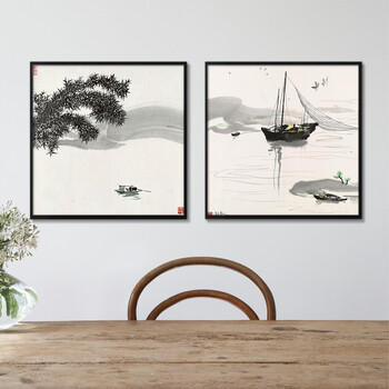 
                                        格丽新中式装饰画企业办公室挂画 吴冠中写意山水风景水墨画国画 河流船只 两联黑白装饰字画 两联组合 40*40cm                