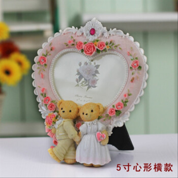 5寸6寸7寸泰迪熊田园树脂相框摆台 结婚礼物婚纱照片影楼婚庆像框 粉色 7寸竖摆