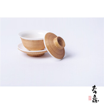 本意 · 刘氏竹编 八头素编白瓷简约盖碗 创意手工竹丝扣瓷茶壶茶杯公道杯 瓷胎竹编茶具套装 本色竹丝