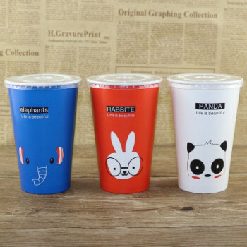 一次性动物卡通纸杯加厚可爱熊猫兔鸭子大象奶茶外卖杯50只带盖子 500