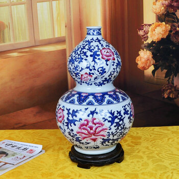 景德镇陶瓷器花瓶 高档手绘青花斗彩葫芦瓶 高41cm 简约现代中式古典家居摆件 高档礼品