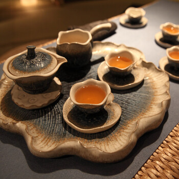 万仟堂 整套茶具套装 功夫茶具 陶瓷汝窑功夫茶具 茶壶茶海杯碟 台湾汝窑茶具 秋荷一池 成套茶具不带茶盘