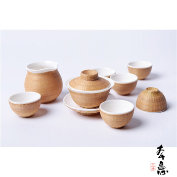 本意 · 刘氏竹编 八头素编白瓷简约盖碗 创意手工竹丝扣瓷茶壶茶杯公道杯 瓷胎竹编茶具套装 本色竹丝