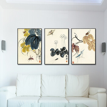 
                                        格丽名家名画 齐白石国画装饰字画原版艺术喷绘画 植物壁画中式田园风格客厅装饰画挂画有框画 三联组合 70*90cm                