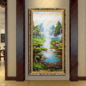 
                                        欧美华手绘油画中式山水风景聚宝盆 有框画 客厅卧室玄关办公室书房装饰壁画风水画 25号贴金箔框9厘米 90*170厘米                