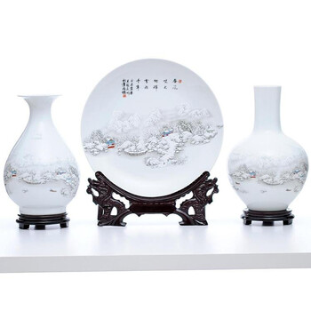 景德镇陶瓷器 雪景图三件套花瓶盘子 现代时尚家居客厅摆件（含底座）