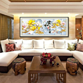 KS十字绣客厅新款家和万事兴玉兰蝴蝶九鱼图风景大幅十字绣画 KS-9913大版中格195x75CM用三股棉线绣
